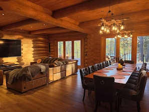 Smart TV, fireplace, books, computer monitors