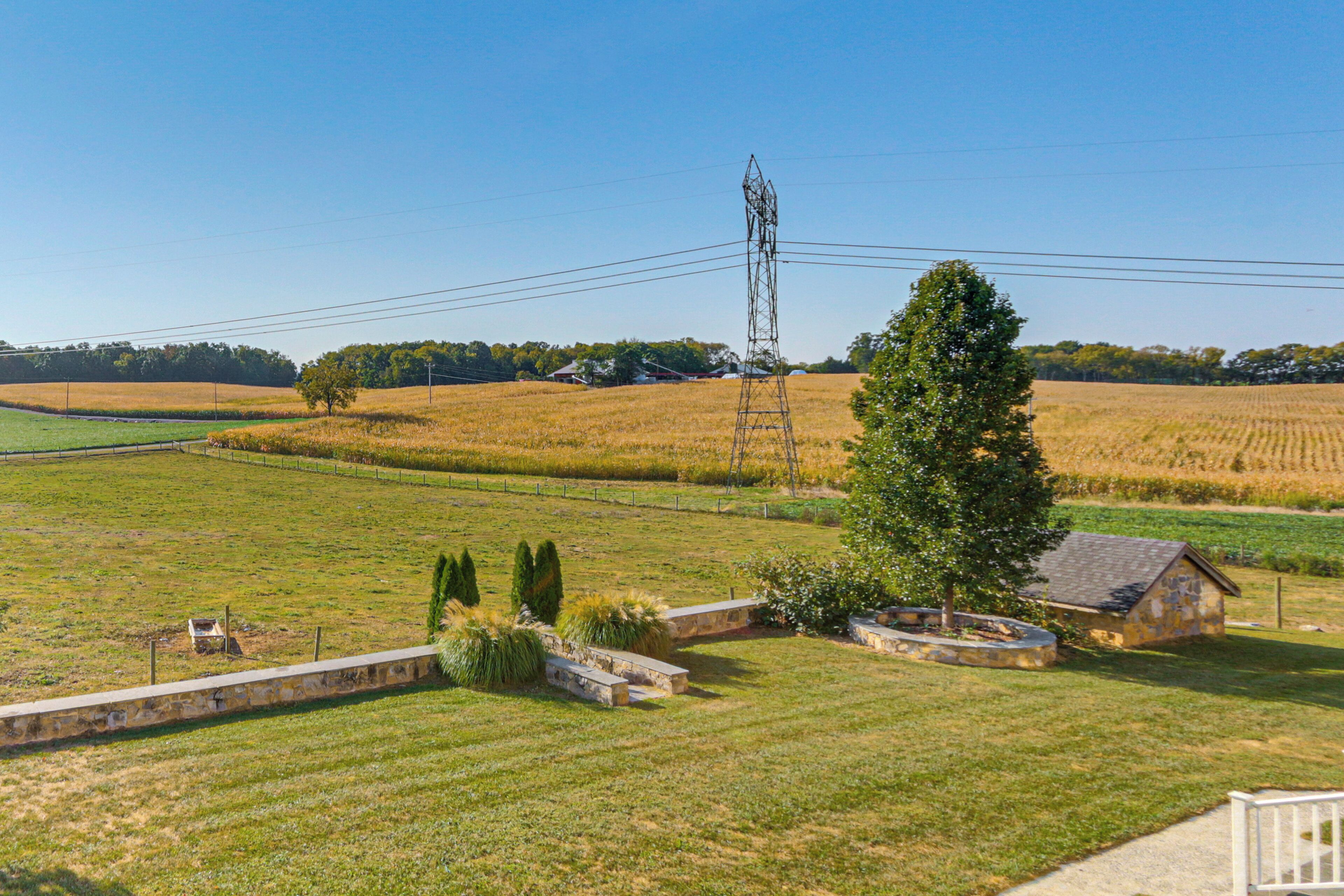 A rural landscape with a stone wall, a tree, and a small building.