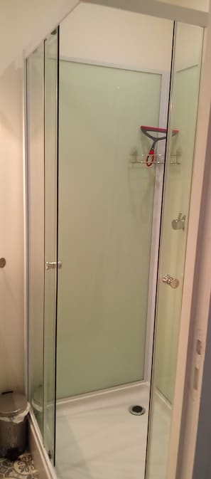 Douche, sĂšche-cheveux, serviettes fournies, papier toilette