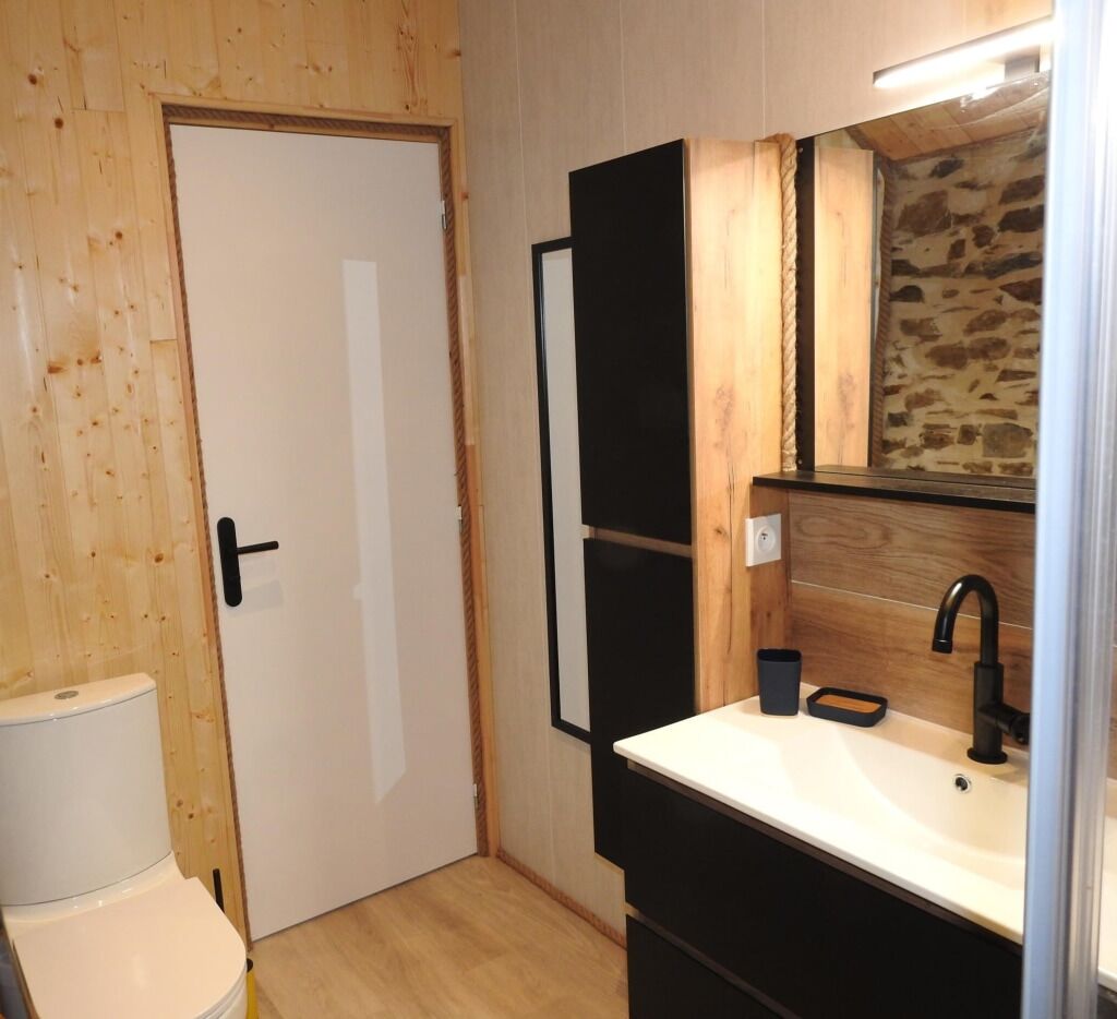 Un baño pequeño con pared de madera, inodoro blanco, lavabo negro y espejo.