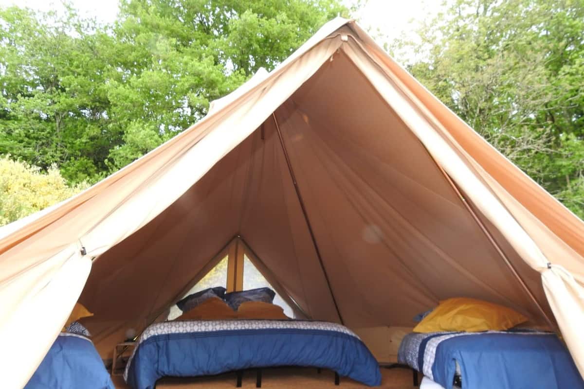 A tent with two beds, each with blue bedding, set in a natural outdoor environment.