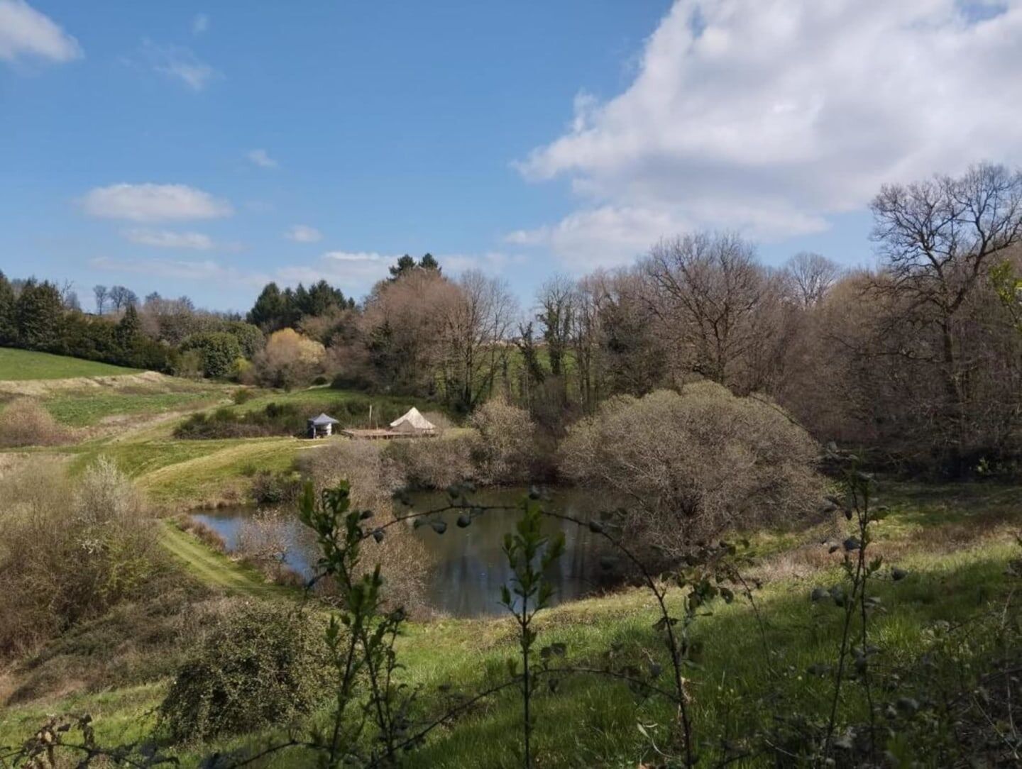 A rural landscape with a pond, trees, and a small structure.