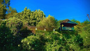 A traditional Japanese-style building with a wooden structure and a thatched roof, surrounded by lush greenery and trees. - The Tamarillo (Ooty)