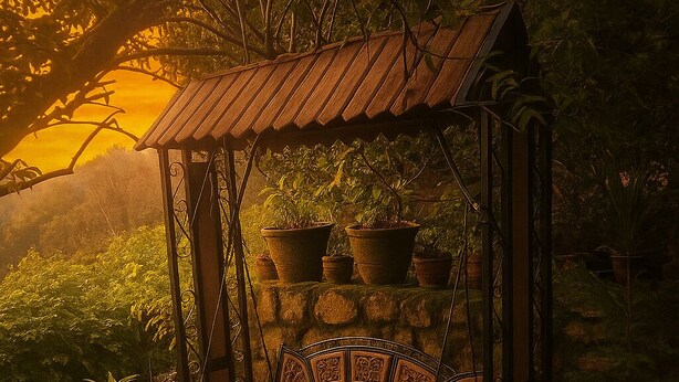 A rustic wooden swing chair with a metal roof, surrounded by potted plants and a stone wall. - The Tamarillo (Ooty)