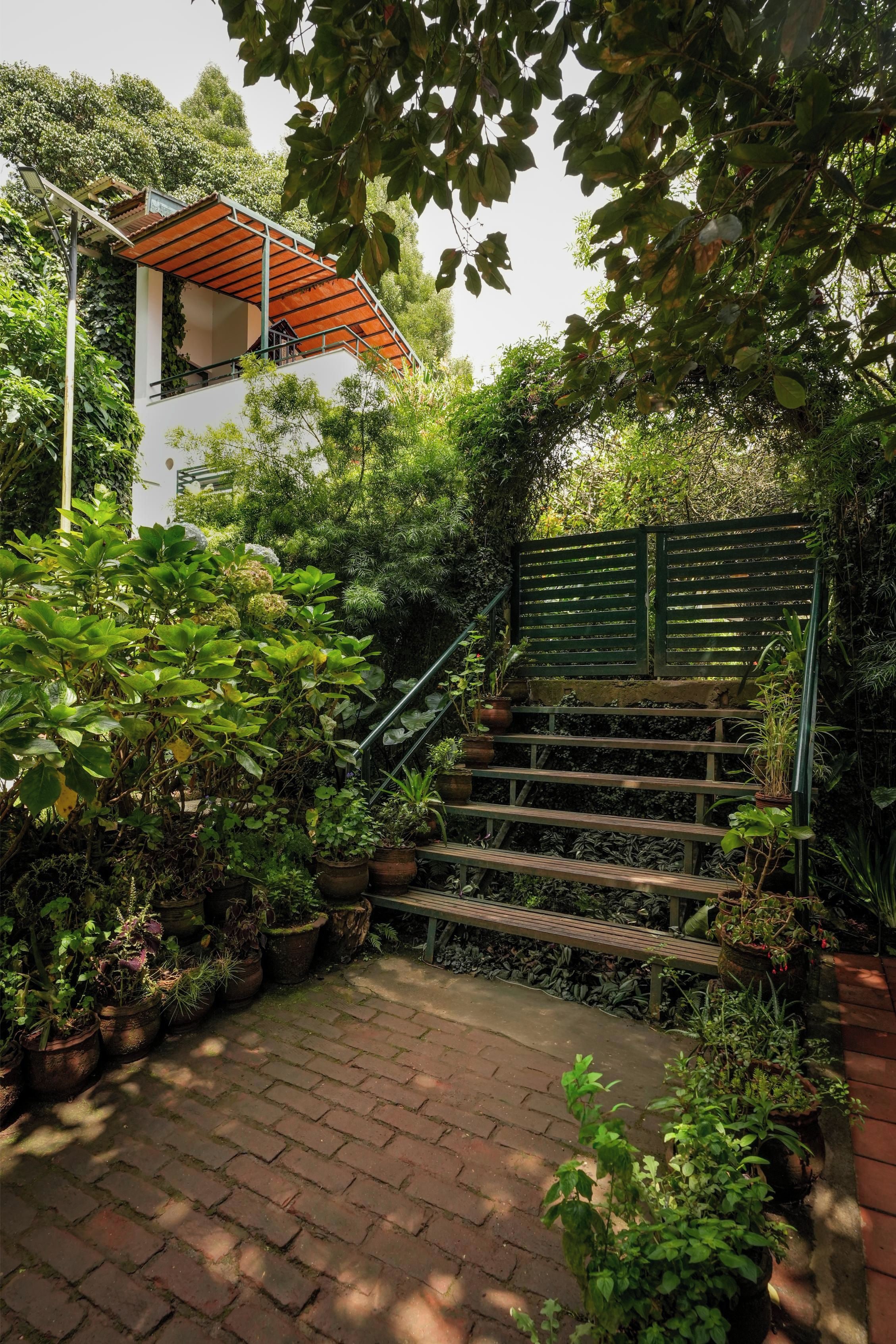 A staircase surrounded by lush greenery, leading to a white building with a red roof.