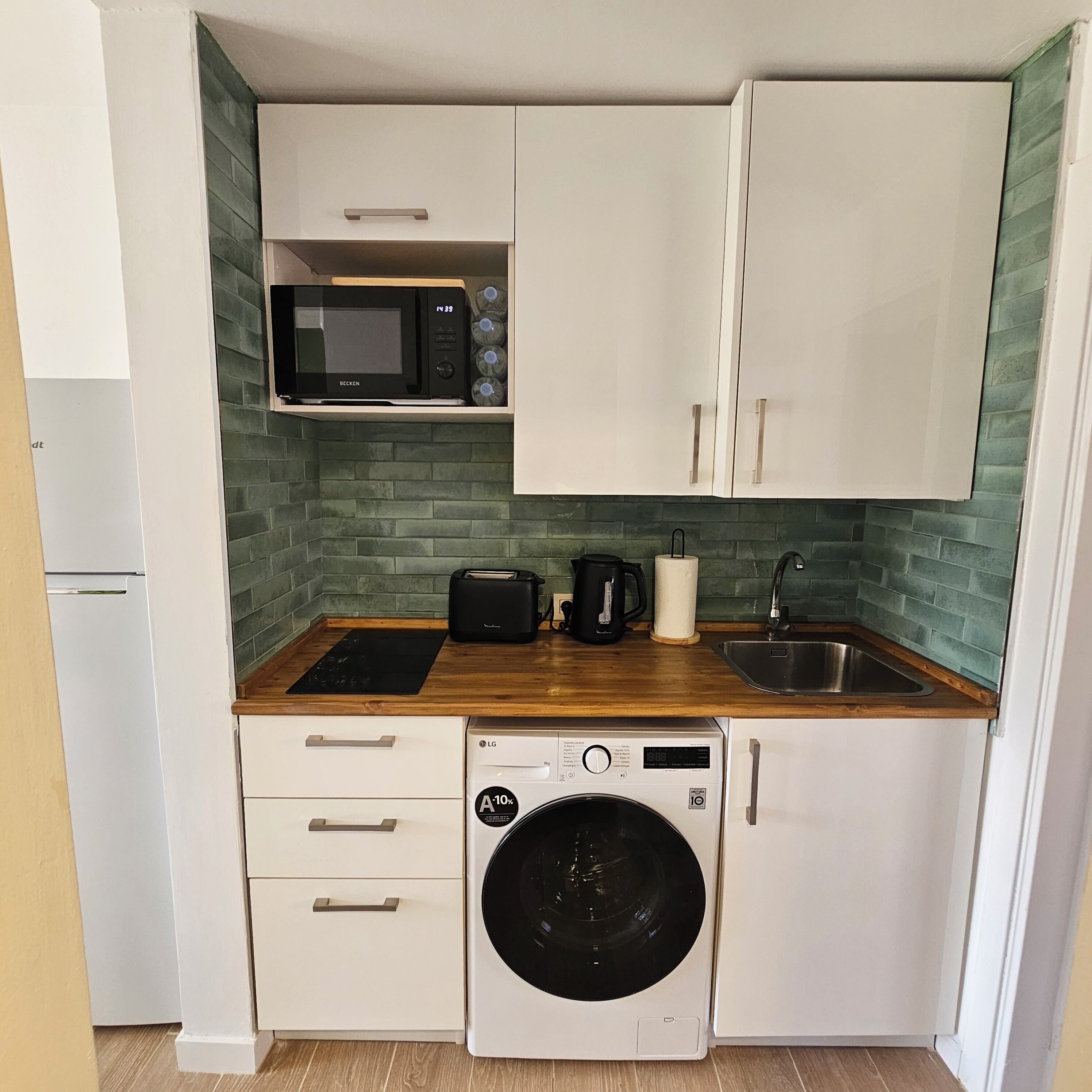 Fridge, microwave, electric kettle, toaster