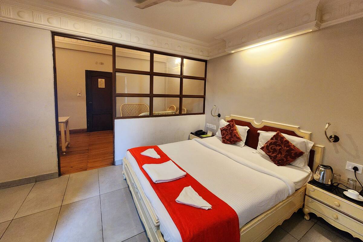 A hotel room with a large bed, a nightstand, a bedside table, a ceiling fan, and a view through a window.