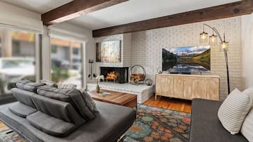 Télévision, cheminée, espaces bureaux