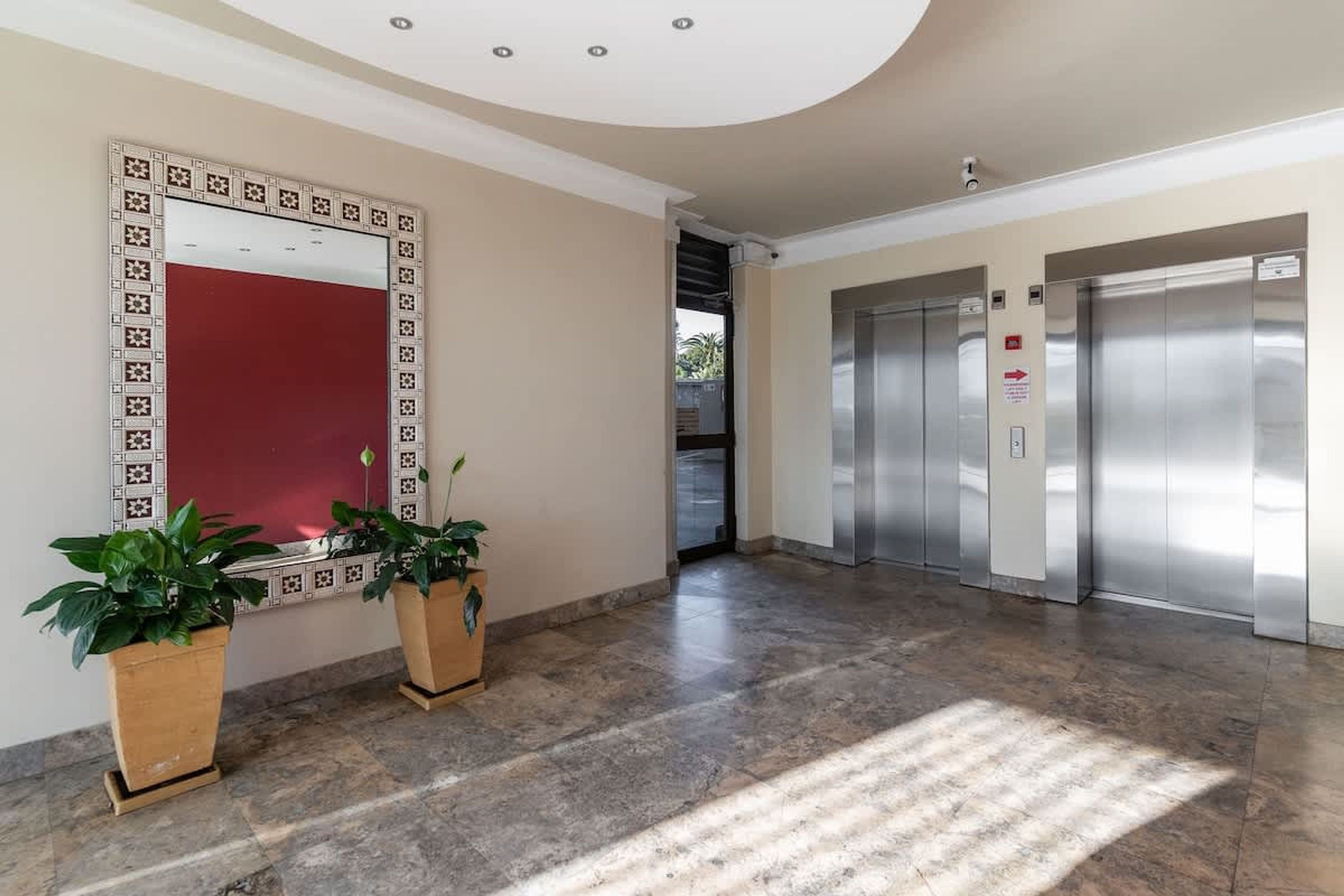 Een moderne lobby met een grote spiegel, twee potplanten en twee liften.