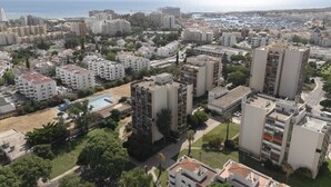 Un paisaje urbano costero con rascacielos, un puerto deportivo y una vista despejada del mar.