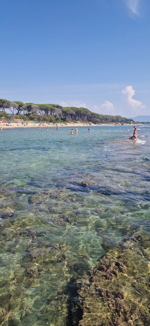 Una spiaggia con acque limpide, persone che nuotano e una collina verde sullo sfondo.