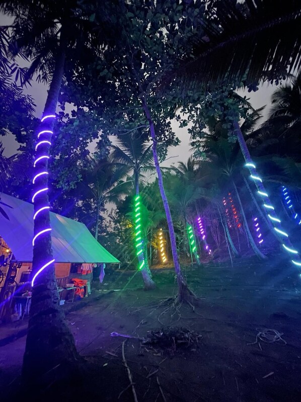 A tree with a spiral light decoration. - Lainkalogos Glamping (Mumes)