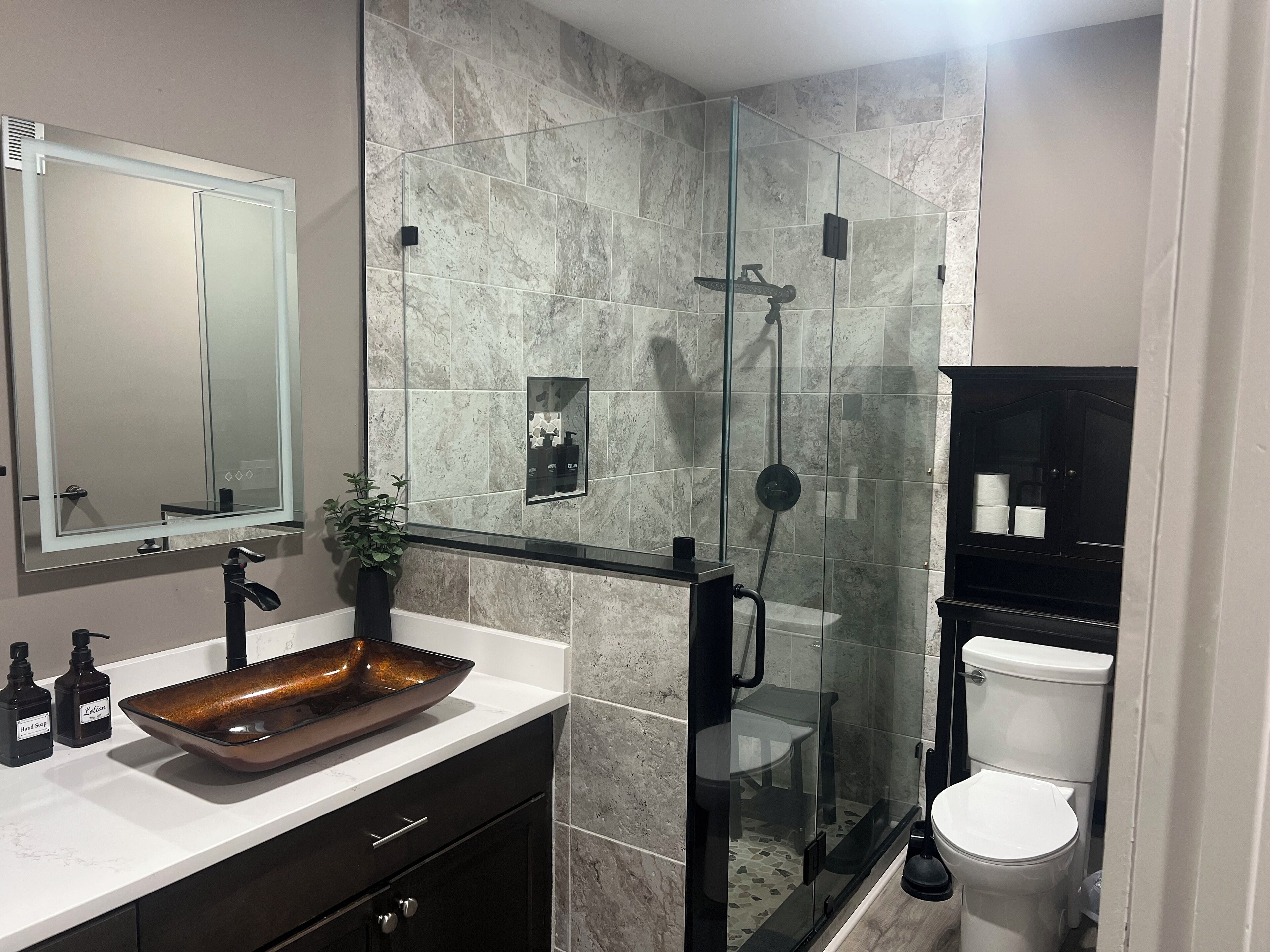 Shower, hair dryer, soap