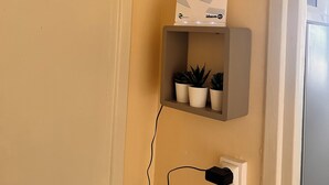 A room with a door, a wall-mounted device, a shelf with potted plants, and a power outlet. - Apartment with sea view and Santa Cruz (Oran)