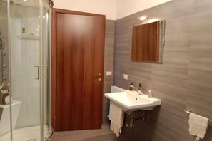 Shower, hair dryer, bidet, towels