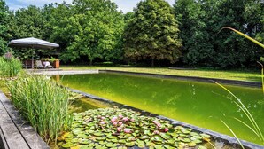 Ein ruhiger Garten mit Teich, umgeben von üppiger Bepflanzung und einer Holzterrasse mit überdachter Sitzgelegenheit.