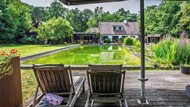 Eine Holzterrasse mit zwei Liegestühlen, die auf einen Teich und ein Haus im Hintergrund blicken.