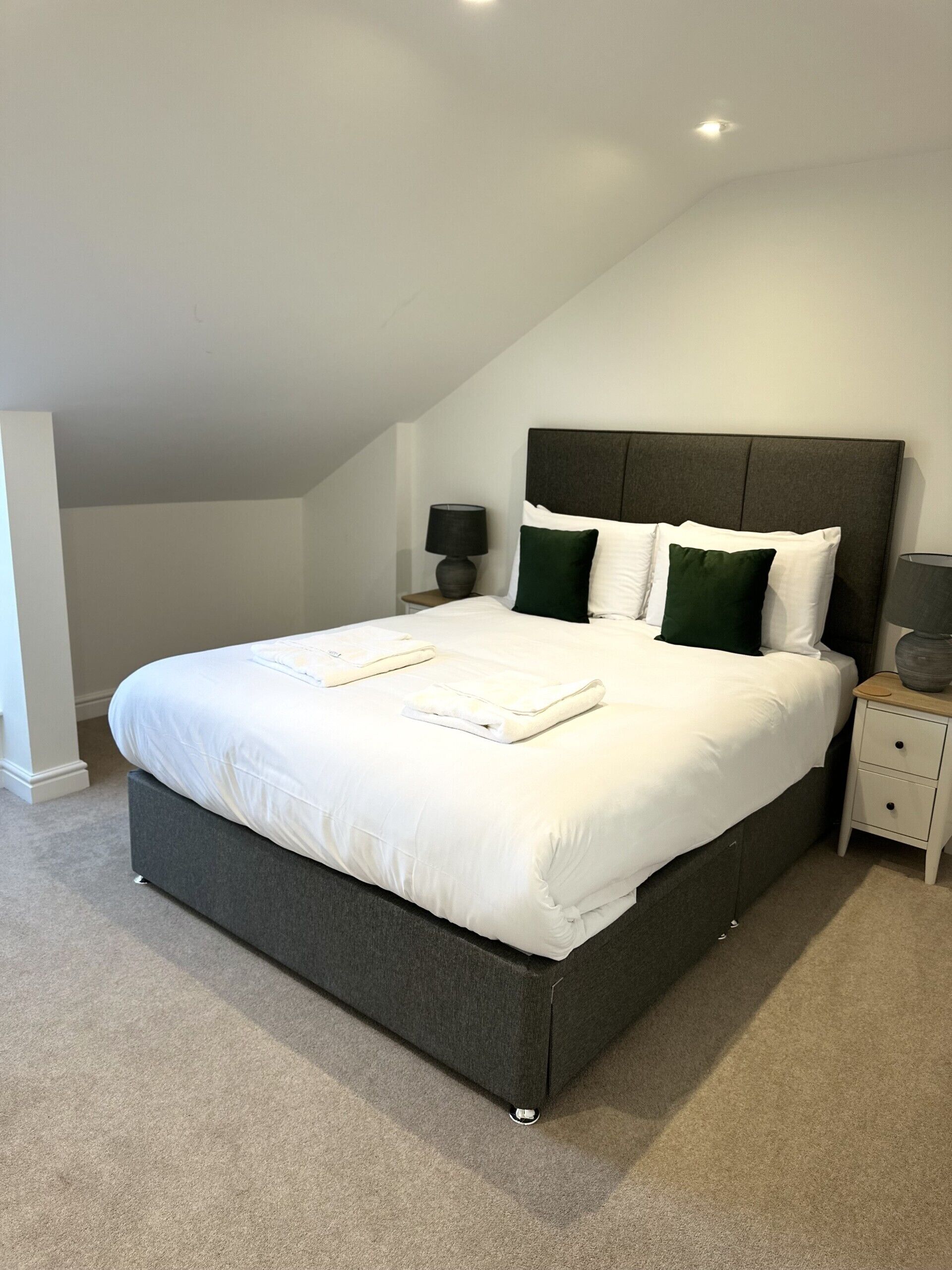 A modern bedroom with a large bed, a nightstand, and a lamp.
