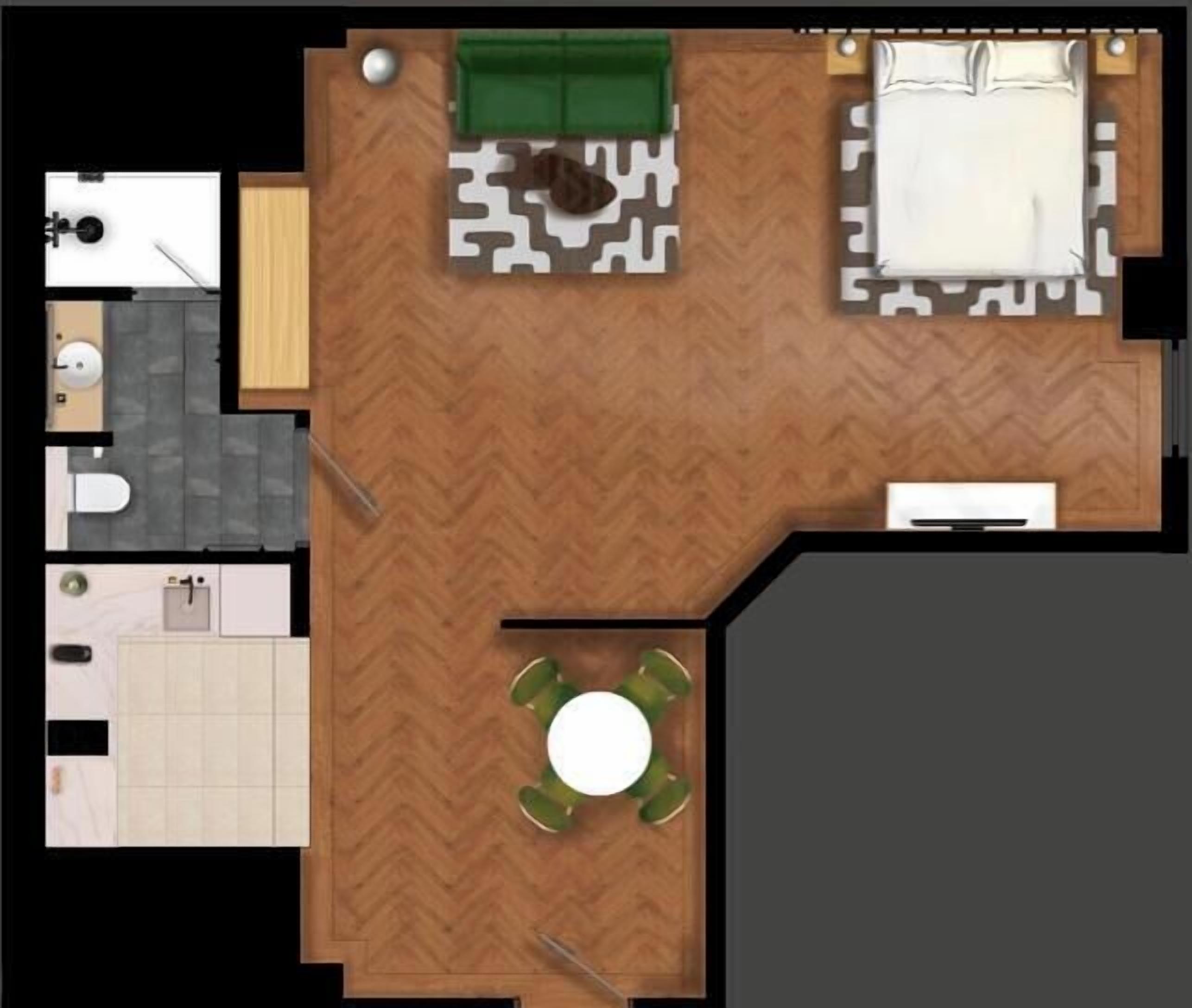 Un plan d’une chambre d’hôtel comprenant un lit, un canapé vert, une table à manger avec quatre chaises, une salle de bain et un coin cuisine.