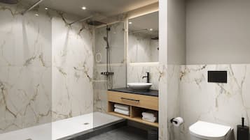 Apartamento, 3 habitaciones | Baño | Ducha, artículos de higiene personal gratuitos y secador de pelo