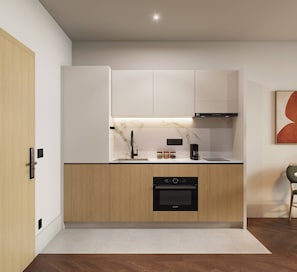 Frigorífico, microondas, placa de cocina y lavavajillas