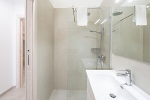 Shower, hair dryer, bidet, towels