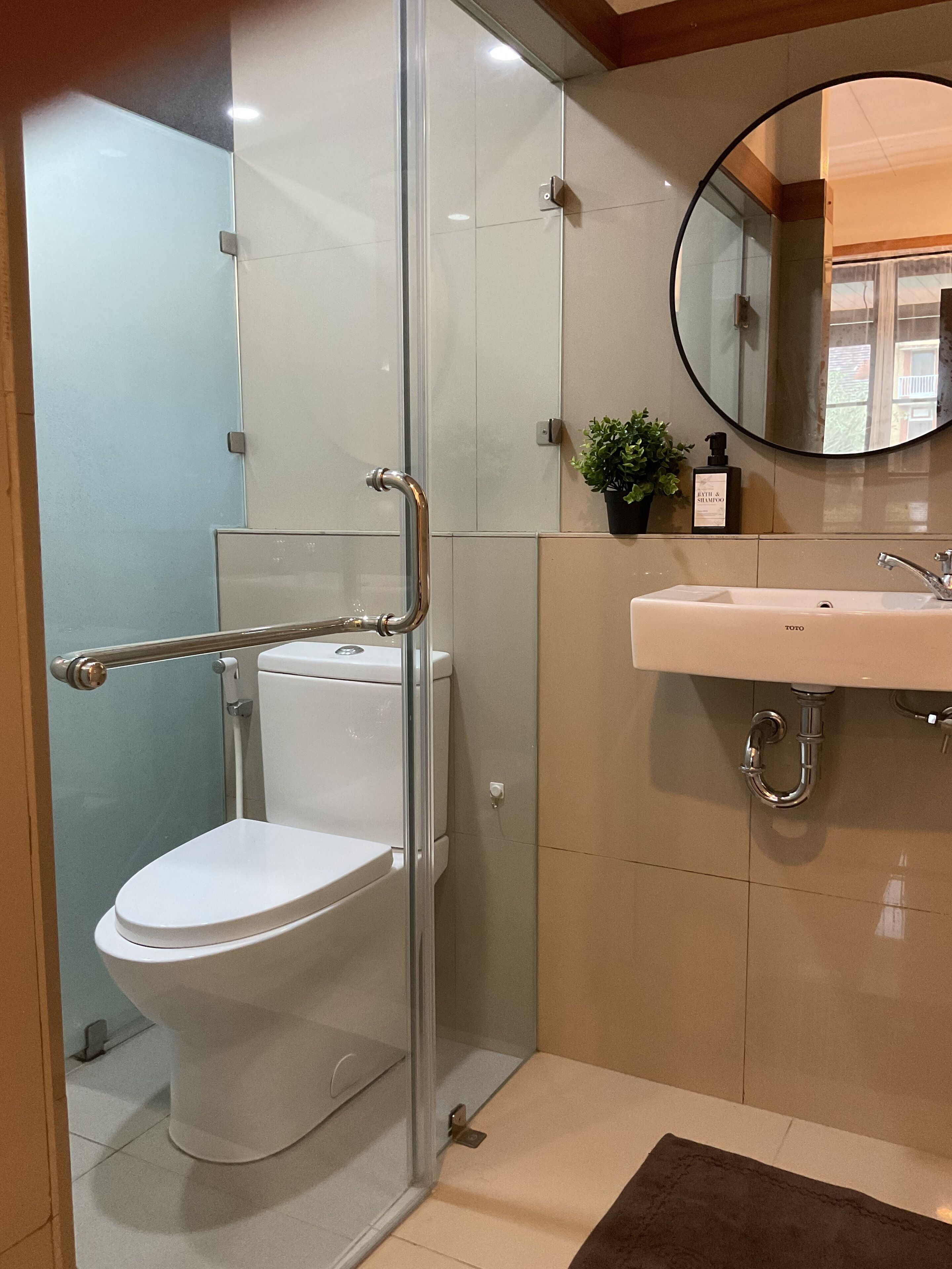 Une salle de bain moderne avec une douche à parois de verre, des toilettes blanches, un lavabo avec un miroir au-dessus et une petite plante en pot posée sur le comptoir.