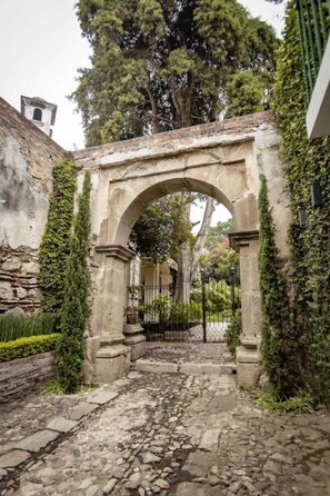 Un antiguo arco de piedra con hiedra, que da paso a un camino adoquinado.