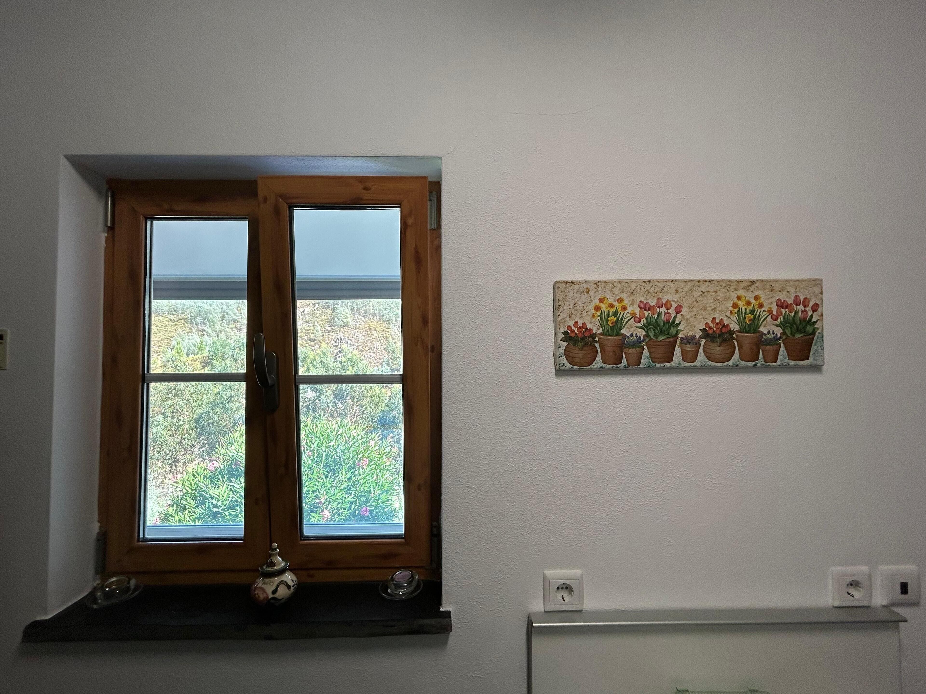 Quarto com janela de madeira, uma prateleira pequena com um vaso de cerâmica e um quadro na parede de plantas em vasos.