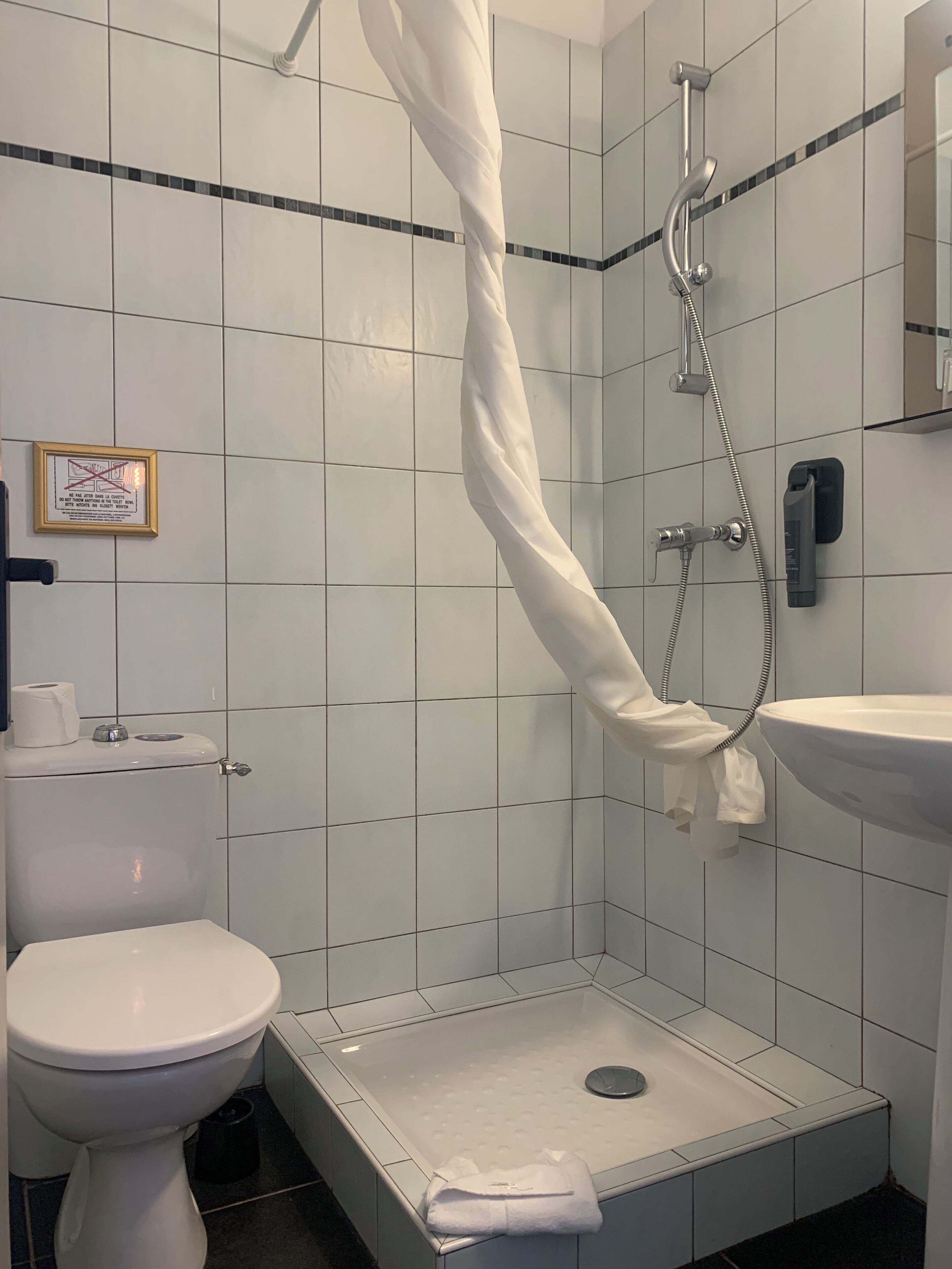 A bathroom with a shower, toilet, and sink.
