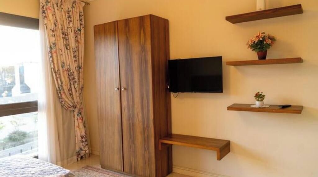 A bedroom with a wooden wardrobe, a flat-screen TV mounted on the wall, and wooden shelves with potted plants.