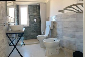 Shower, hair dryer, bidet, towels