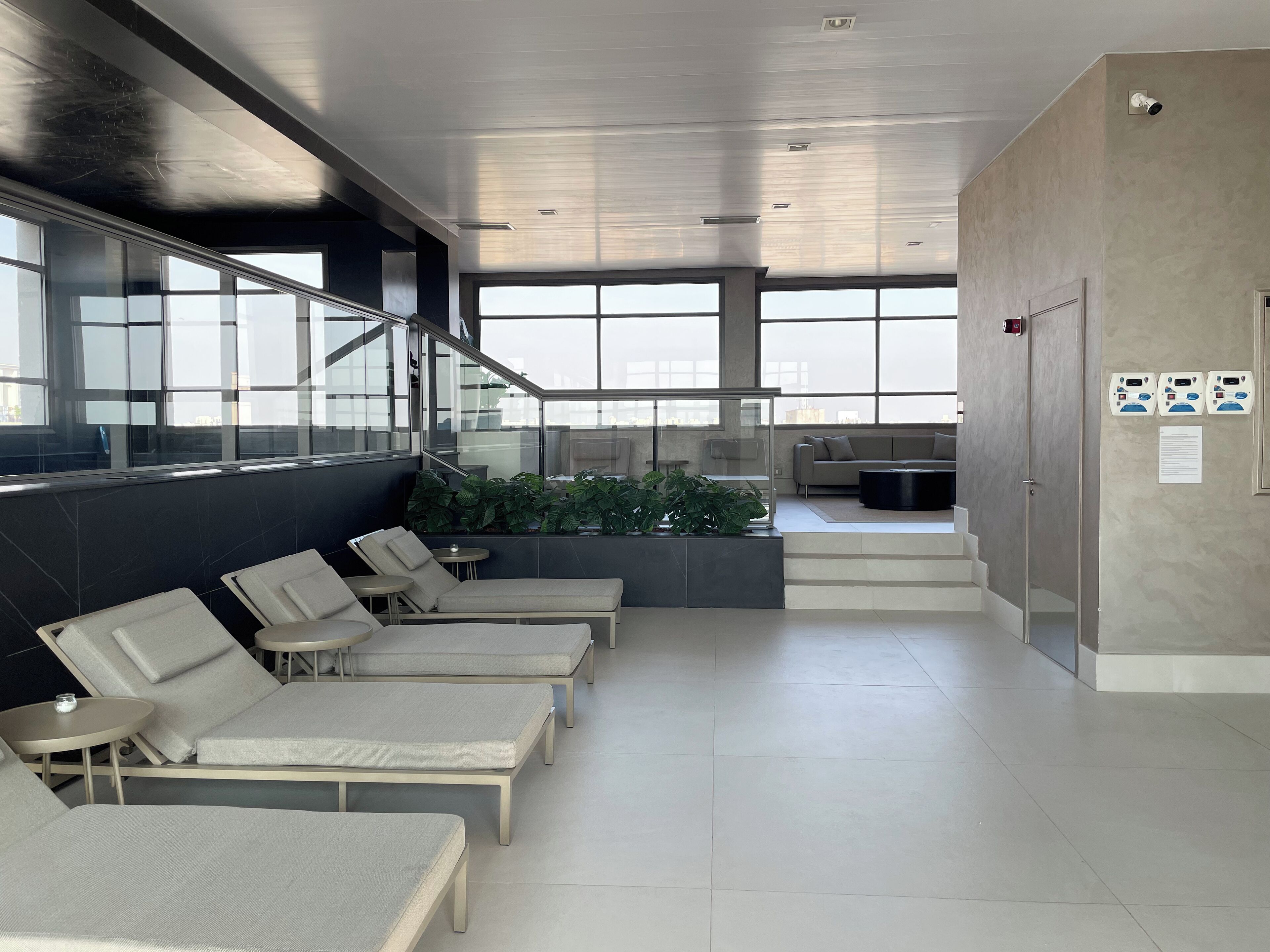 Indoor pool, outdoor pool, pool umbrellas, sun loungers