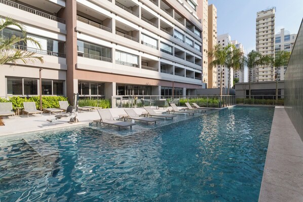 Indoor pool, outdoor pool, pool umbrellas, sun loungers