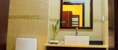 Une salle de bain avec des toilettes blanches, un lavabo surmonté d’un miroir et une plante posée sur le comptoir.