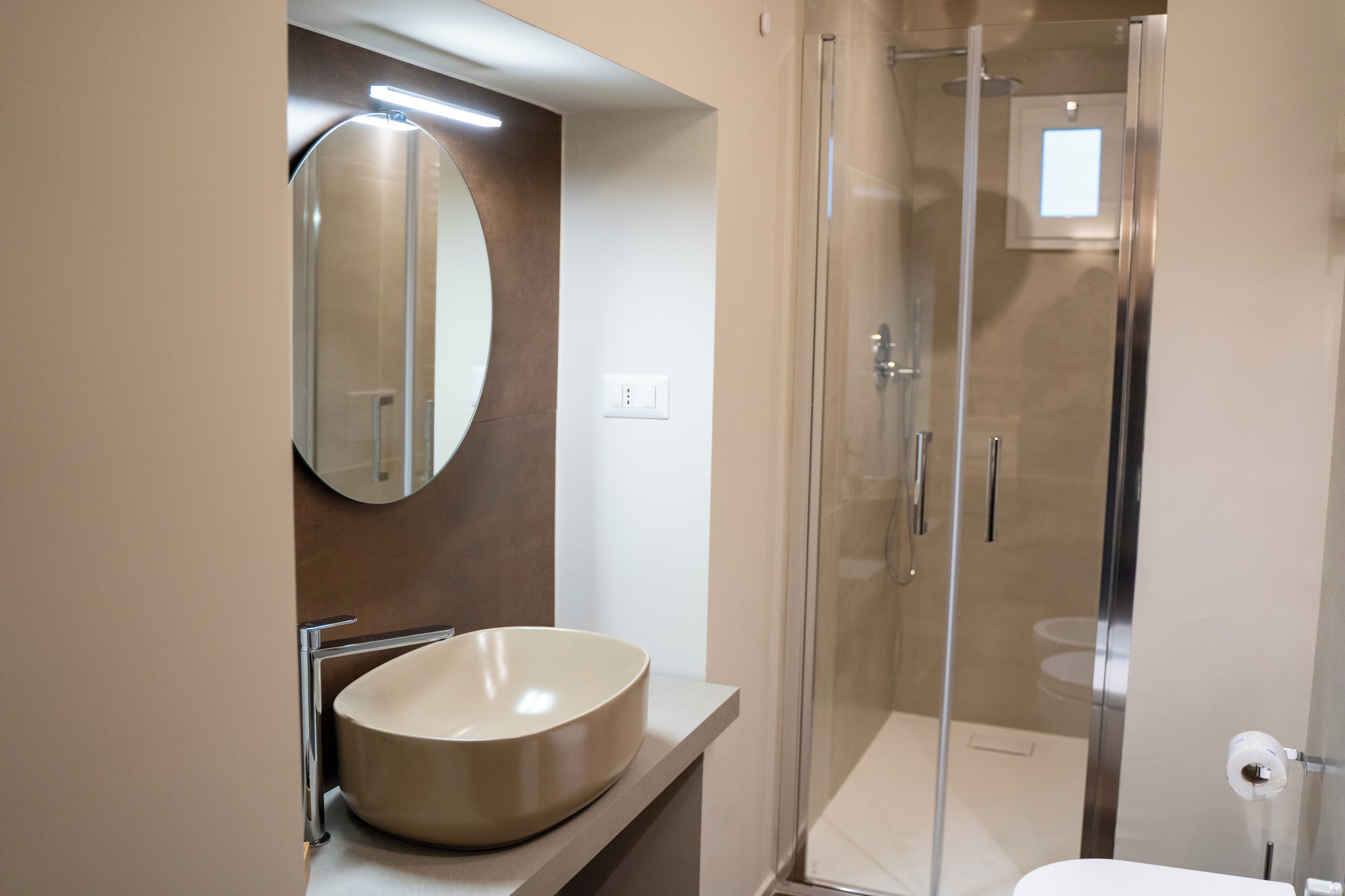 A modern bathroom with a large oval sink, a mirror, and a glass-enclosed shower.
