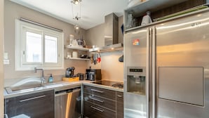 A modern kitchen with stainless steel appliances, a dishwasher, and a built-in oven. - Villa 'Chez Marco' with Private Terrace, Wi-Fi, and Air Conditioning (Saint-Rémy-de-Provence)