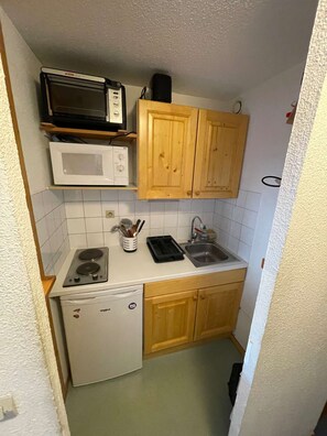 Une cuisine de taille réduite équipée d’un four à micro-ondes, d’une cuisinière, d’un évier et d’armoires en bois.