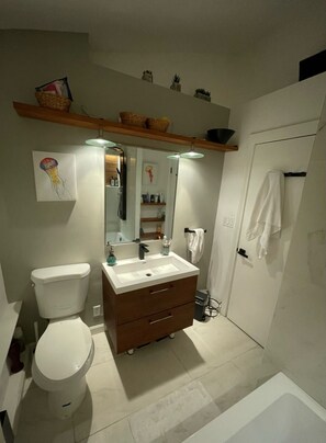 Shower, towels, soap, toilet paper
