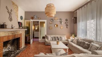 Télévision, cheminée, table de tennis de table, chaîne hi-fi