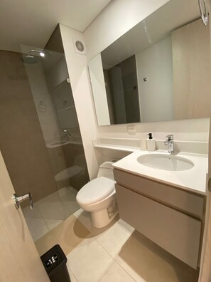 Shower, towels, soap, toilet paper