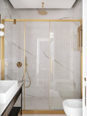 Douche, douche à « effet pluie », sèche-cheveux, bidet