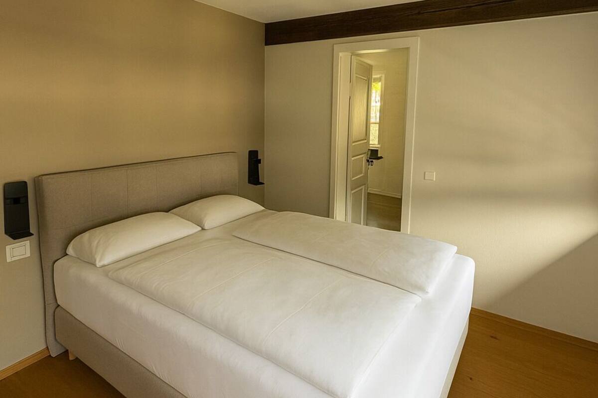 Ein Schlafzimmer mit einem großen Bett, einer Deckenleuchte, einem Spiegel und Holzböden.