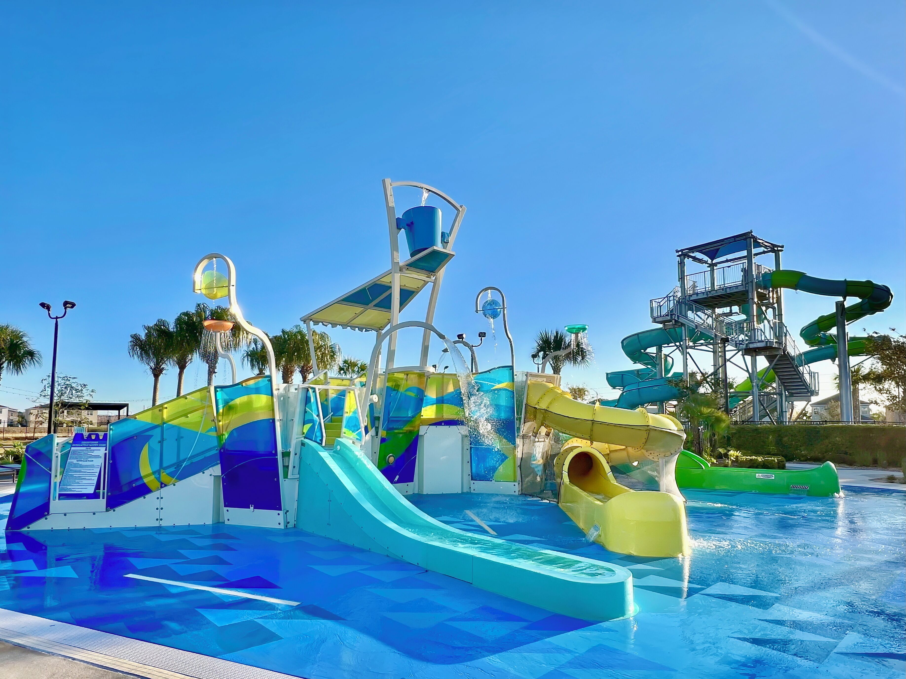 A water park with multiple slides and water features.