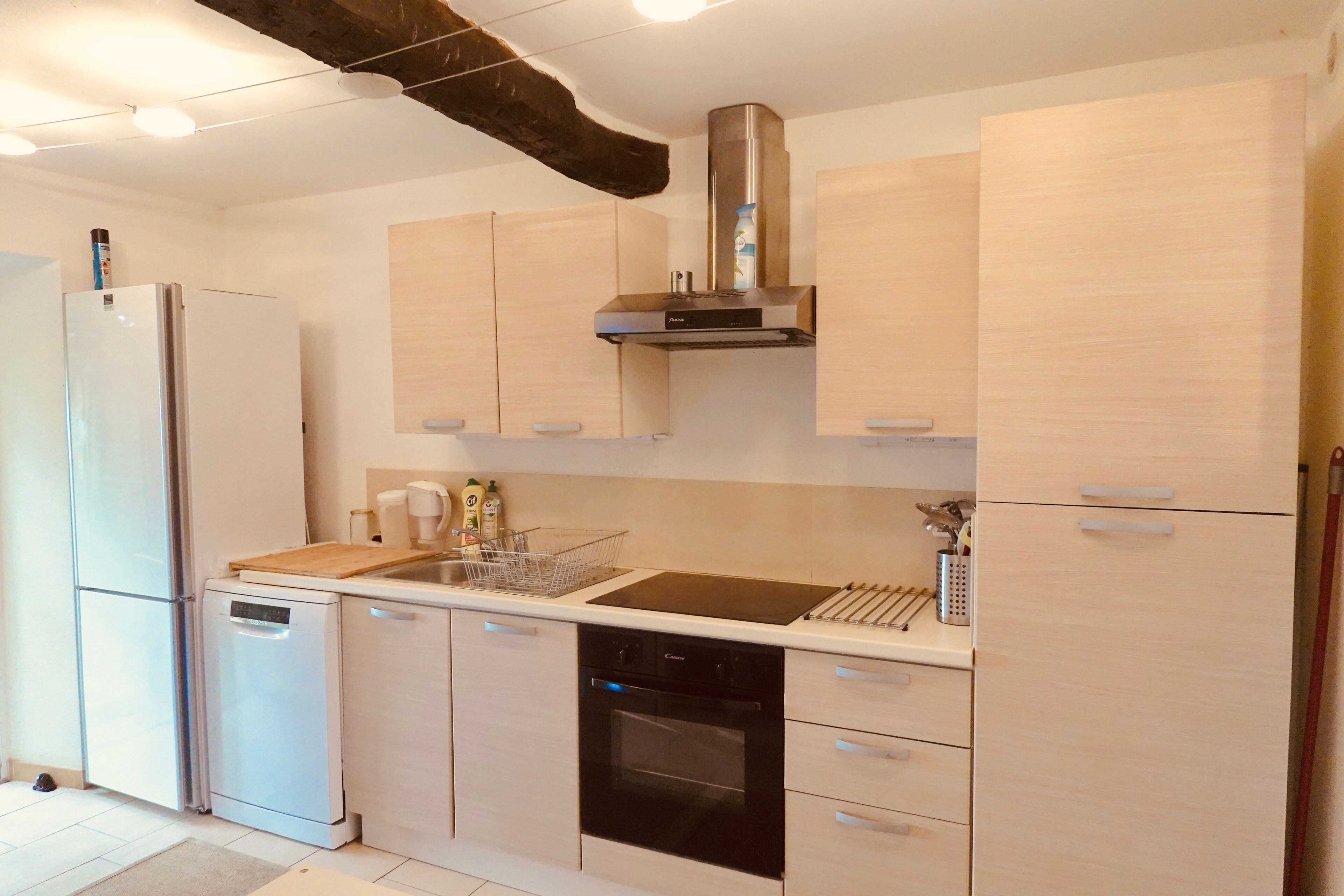 A modern kitchen with a dishwasher, oven, and a stainless steel range hood.
