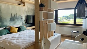 Een slaapkamer met een bed, een televisie, een raam met uitzicht en een hanglamp.