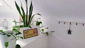 A wall with a 'No Smoking' sign, a potted plant, and a small house decoration.