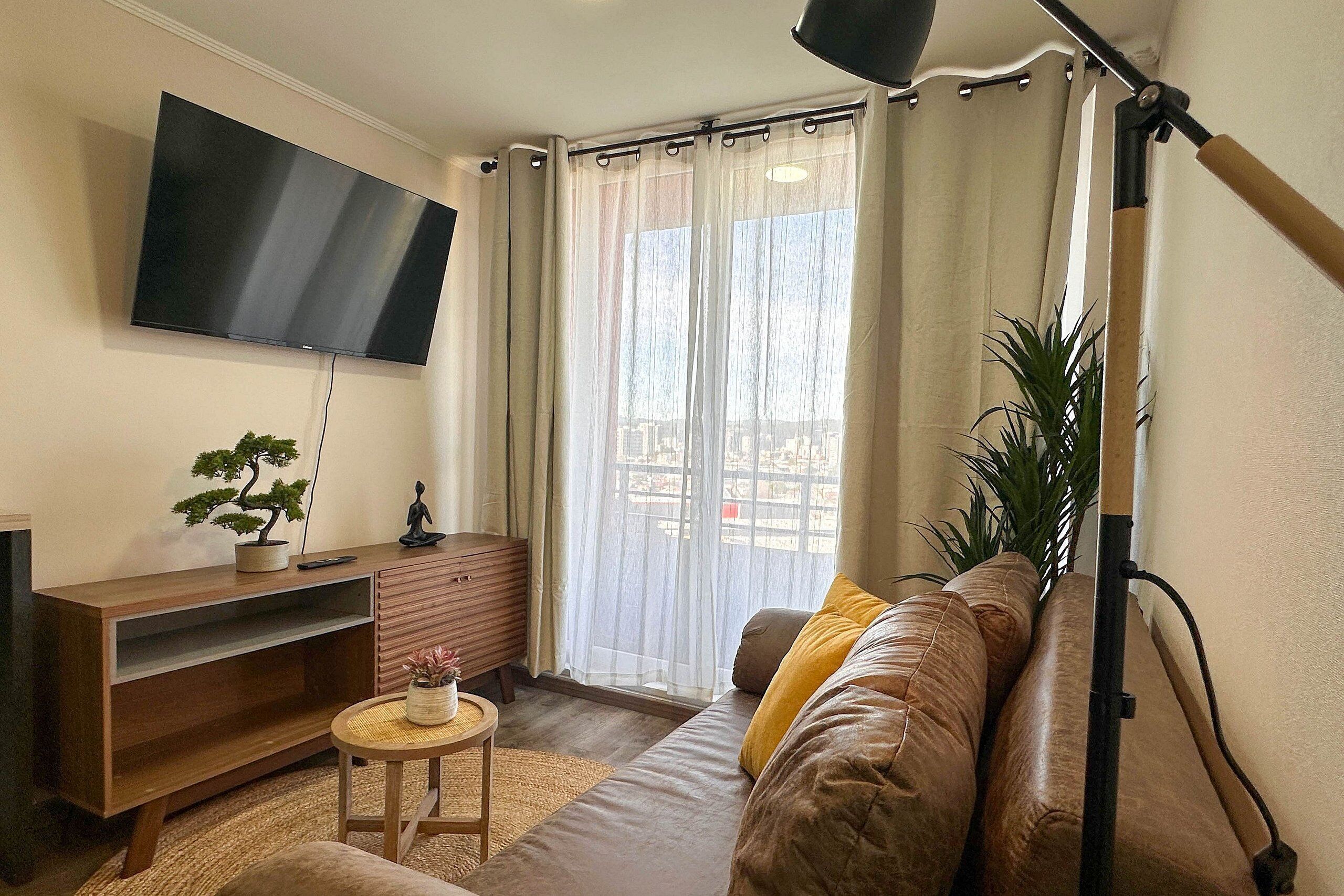 A living room with a flat-screen TV, a sofa, a small table with a plant, and a window with curtains.