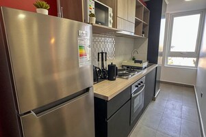 Apartamento básico | Cozinha privada | Geladeira grande, micro-ondas, cooktop