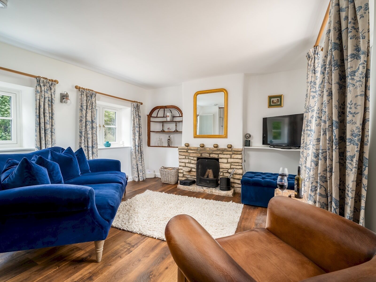 TV, fireplace, books